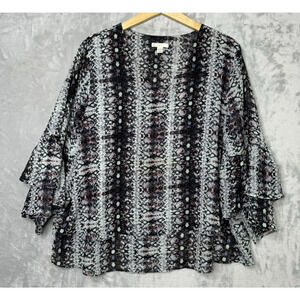 Cato Top Womens 18/20W Gray Pink Purple Animal Print 3/4 Bell Sleeve Layered